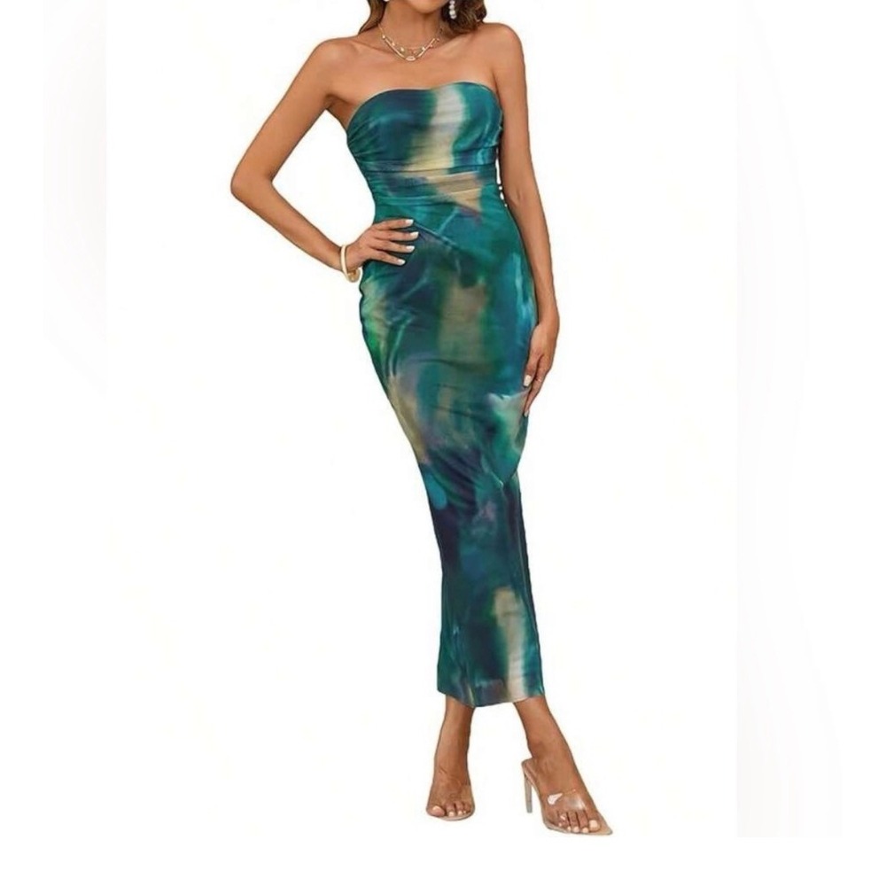 Womens Teal Abstract Watercolor Mesh Strapless Bodycon Maxi Dress Ruched Large